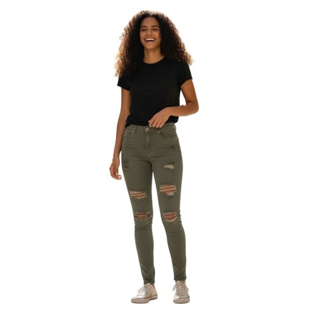 VIP JEANS‎ Olive Green Cropped Distressed Ripped Skinny Jeans 28x25 Edgy